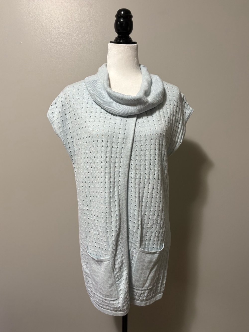 Marble Clothing Cowl Neck Tunic Vest Short Sleeve Blue Pointelle Knit